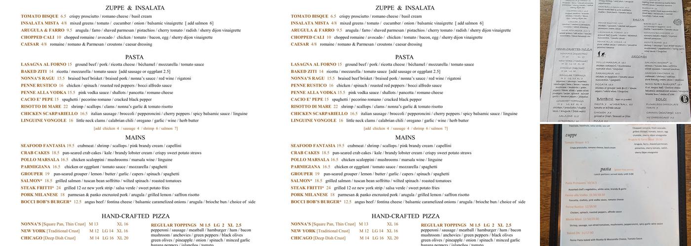 Bocci Trattoria & Pizzeria Menu