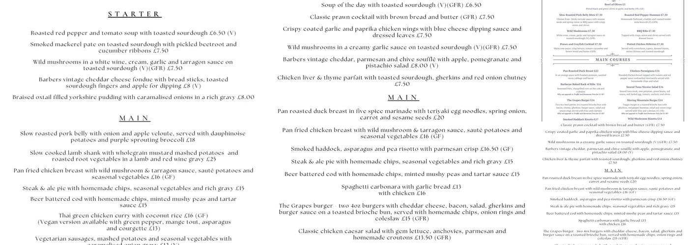 The Grapes Inn Menu