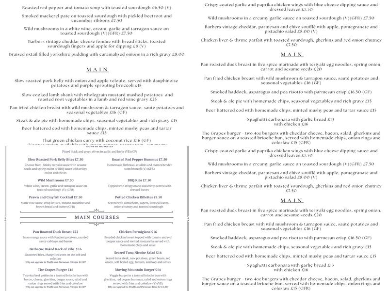 The Grapes Inn Menu