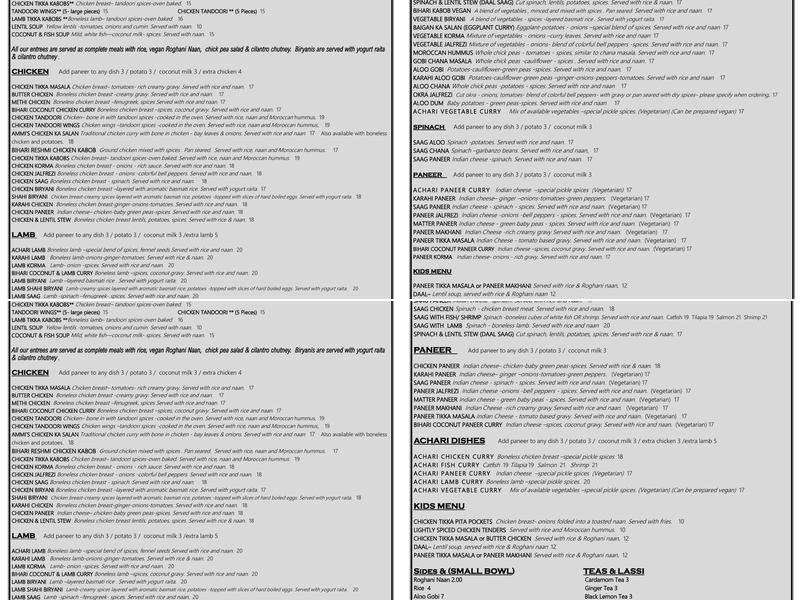 Cilantro Indian Cafe Menu