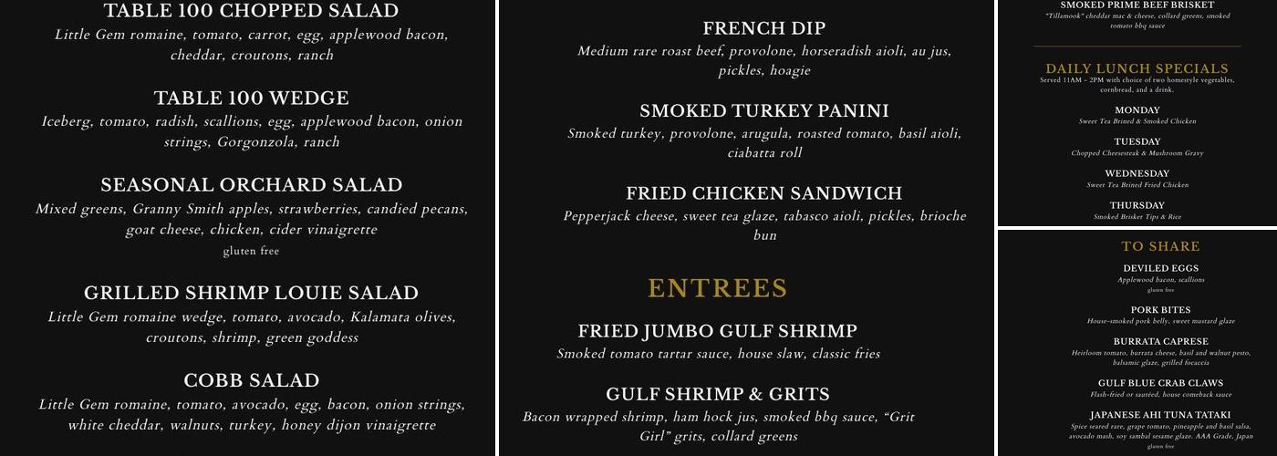 Table 100 Menu