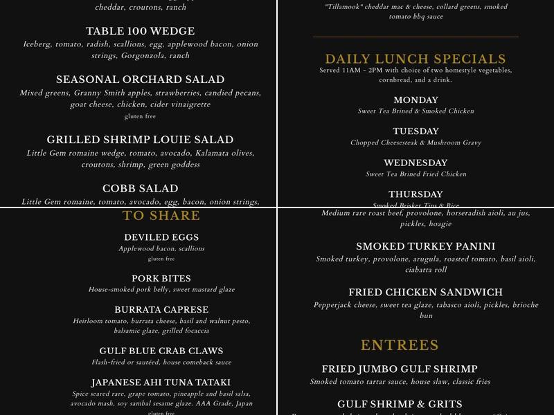 Table 100 Menu