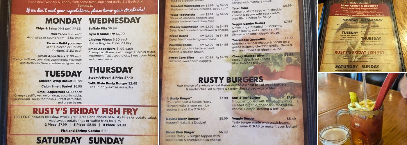 Rusty's Backwater Saloon Menu