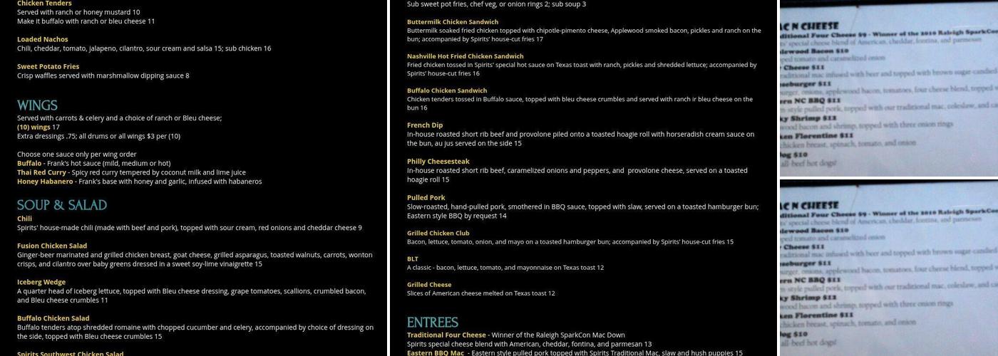 Spirits Pub & Grub Menu