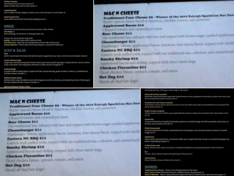 Spirits Pub & Grub Menu