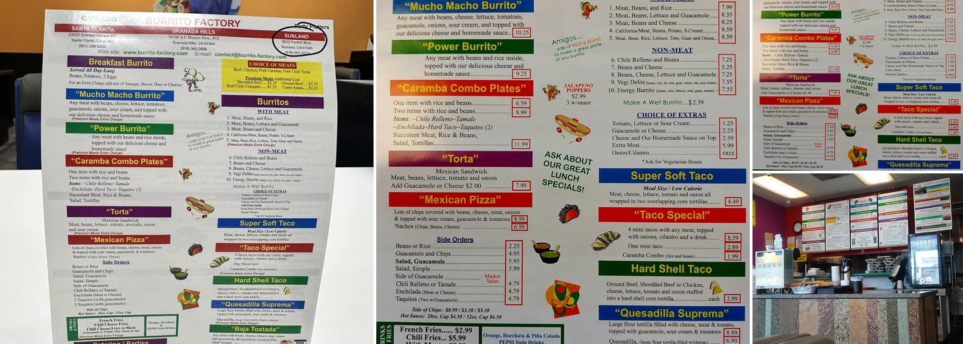 Burrito Factory Menu