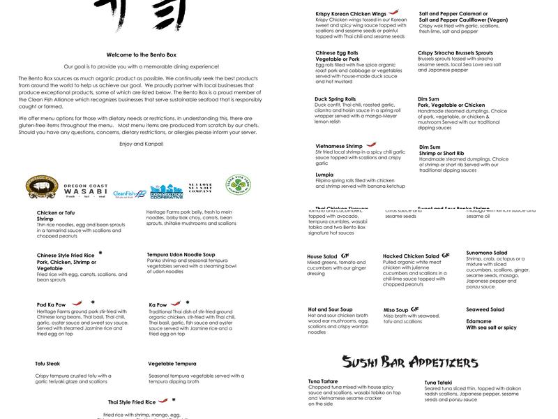 The Bento Box Sushi Bar and Asian Kitchen Menu
