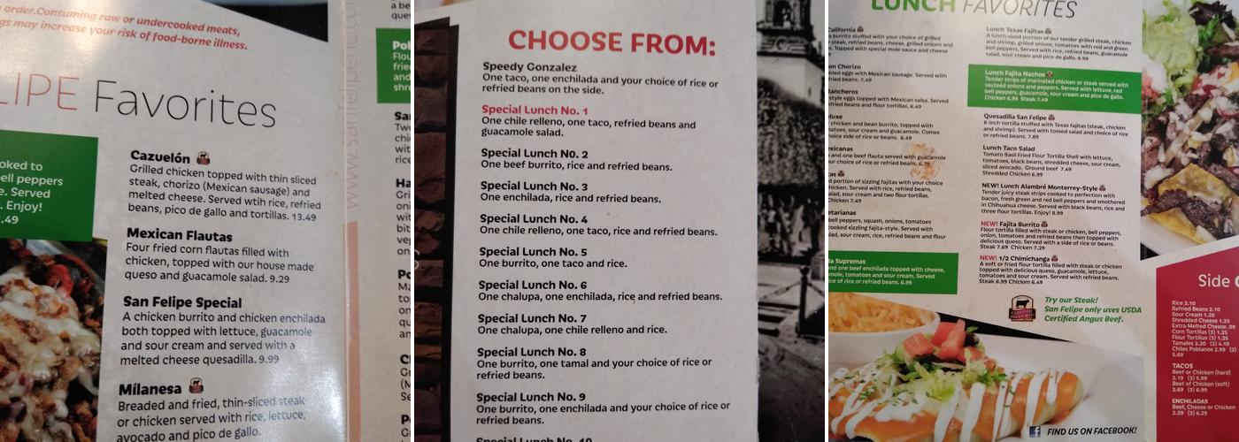 San Felipe Menu