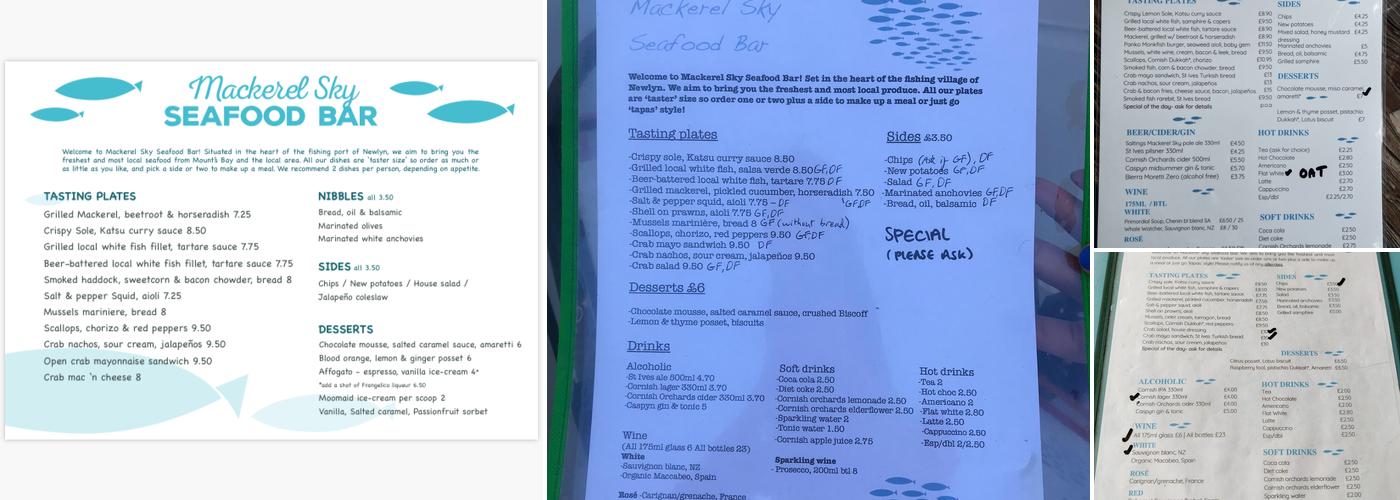 Mackerel Sky Seafood Bar Menu