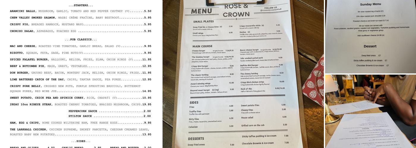 The Rose & Crown Pub Menu