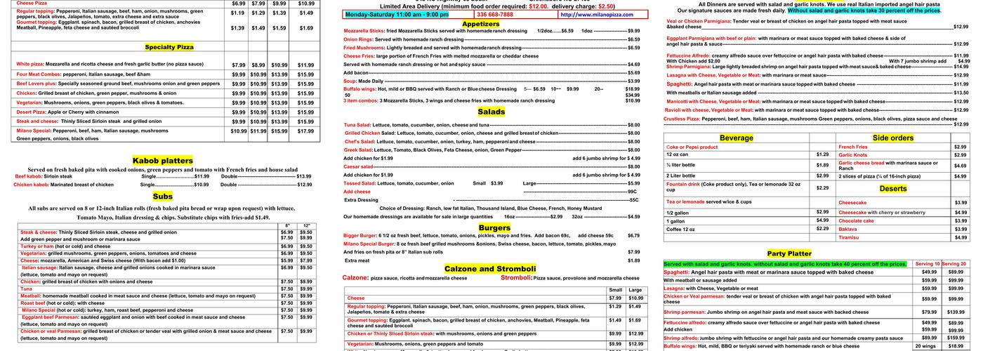 Milano Pizza Menu