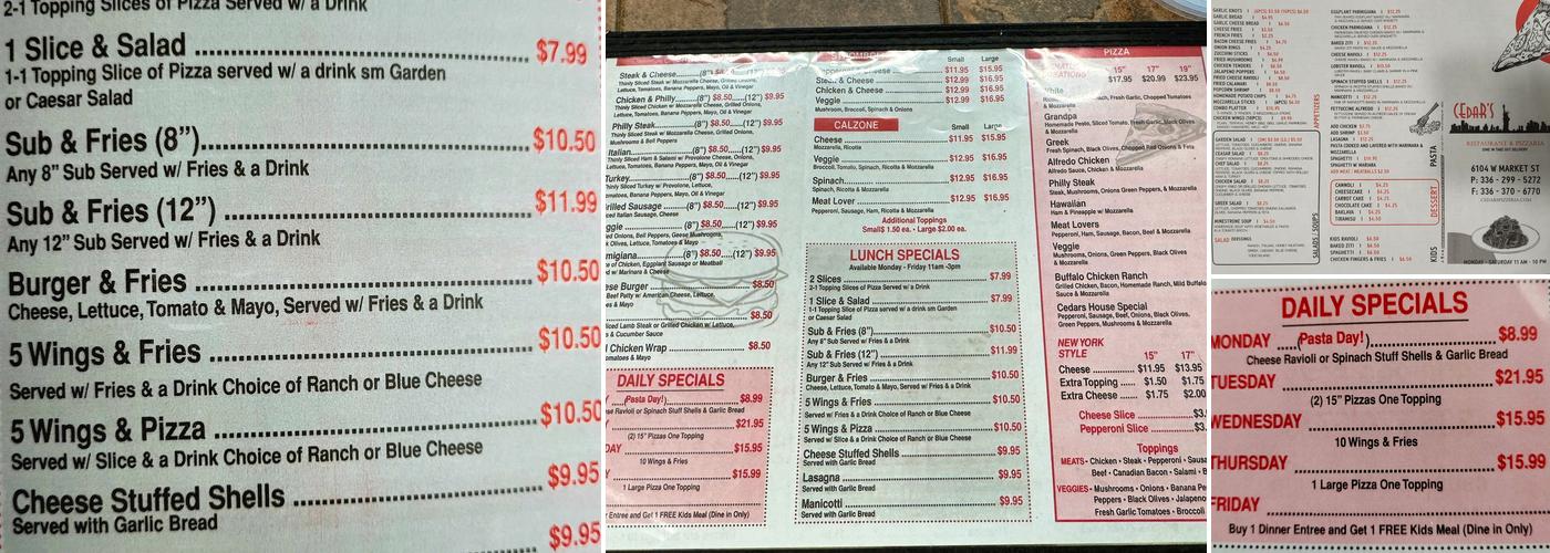 Cedar's Restaurant & Pizzeria Menu