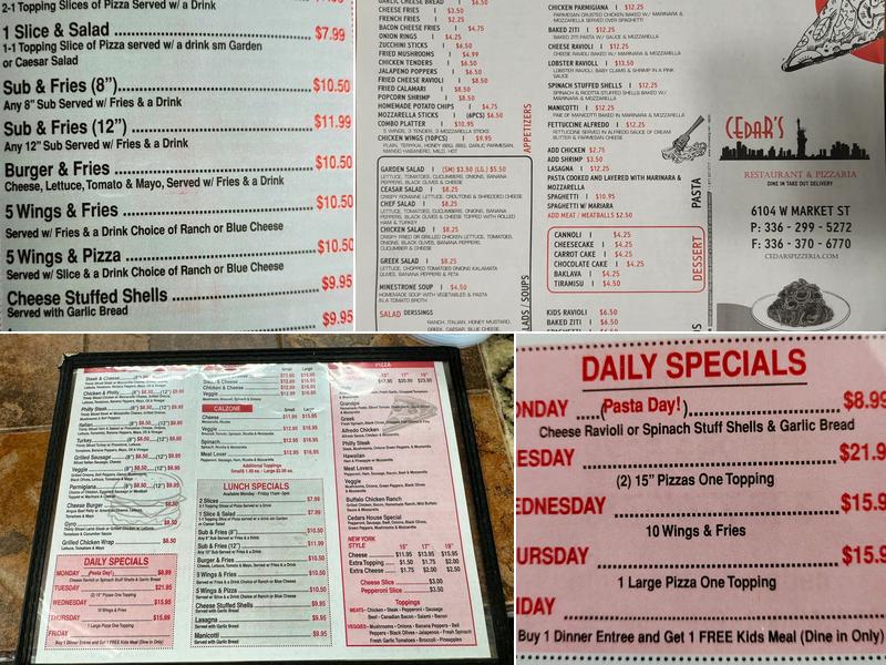 Cedar's Restaurant & Pizzeria Menu