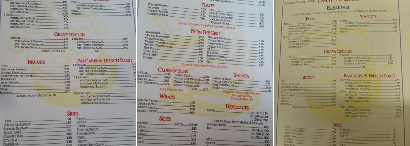Dawn's Cafe Menu