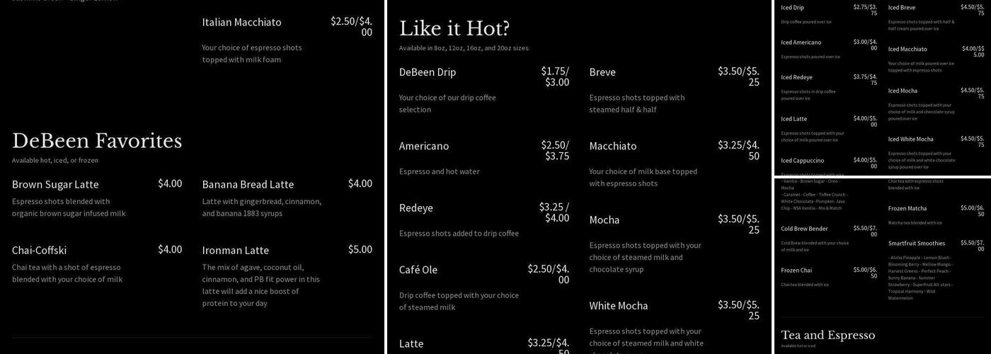 DeBeen Espresso Menu