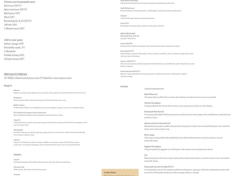 Sergio's Italian Bistro Menu