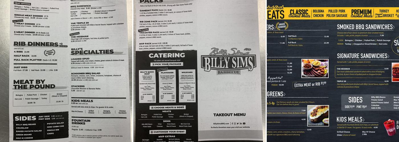 Billy Sims BBQ Menu
