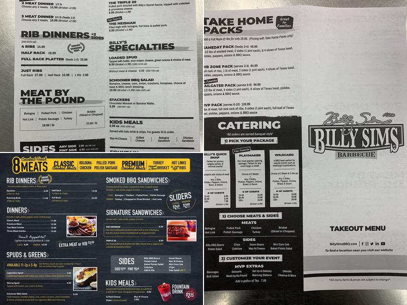 Billy Sims BBQ Menu