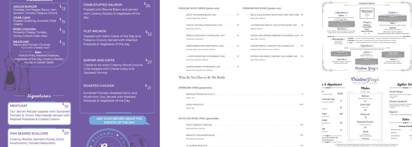 Cristina Gray’s Restaurant & Bar Menu