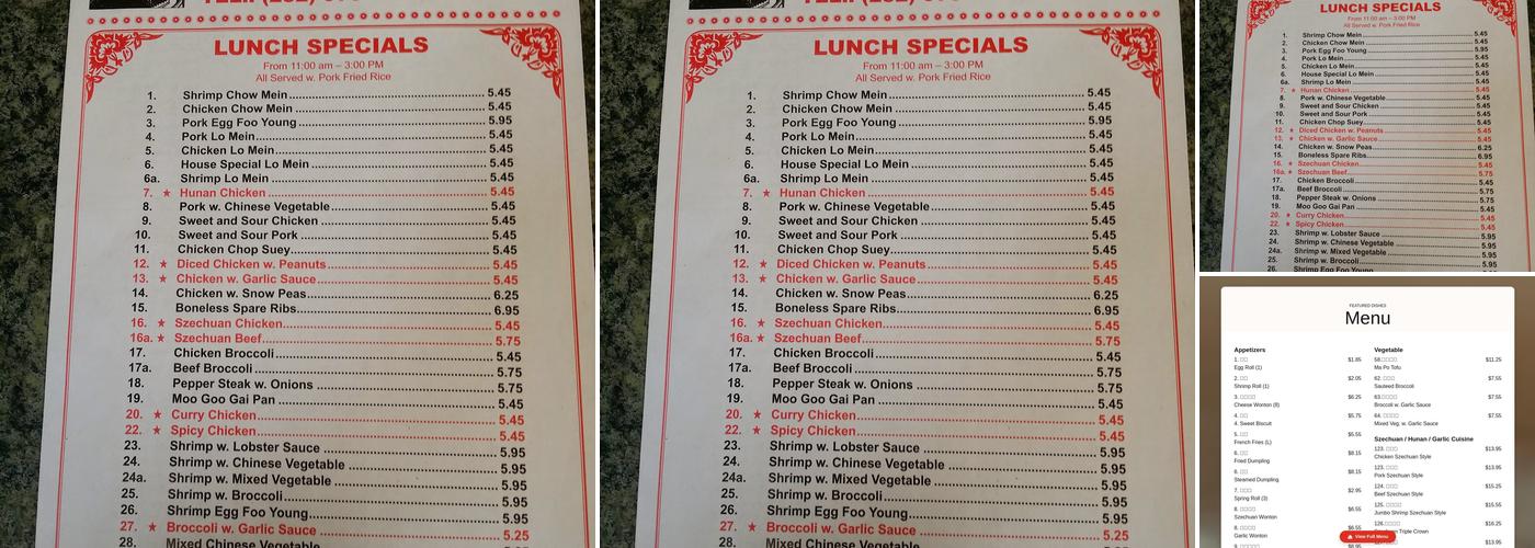 No 1 Chinese Restaurant Menu