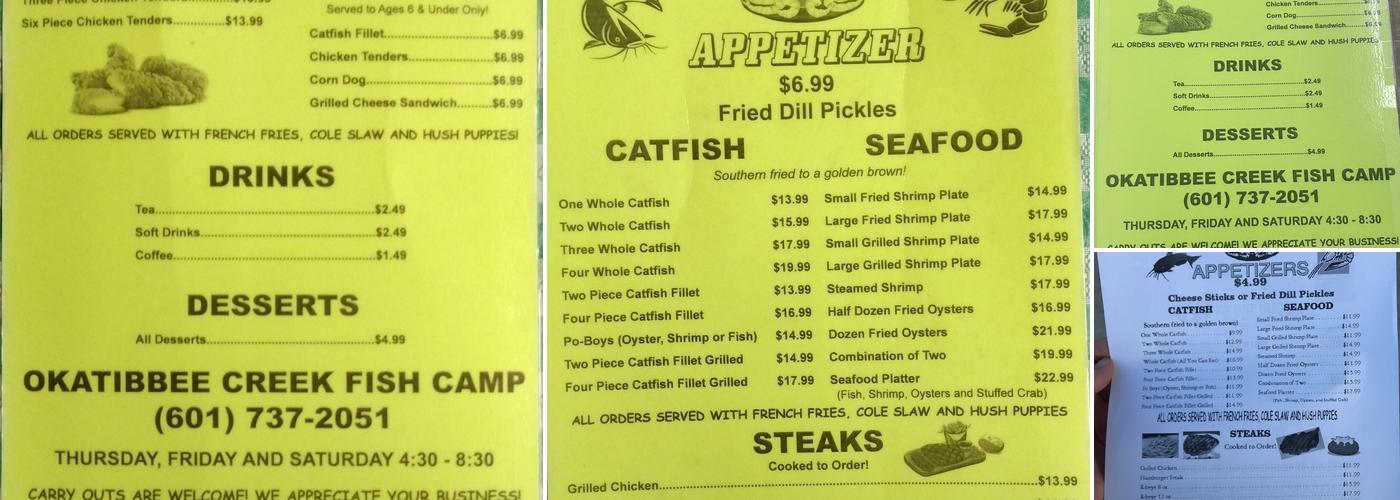 Okatibbee Creek Fish Camp Menu