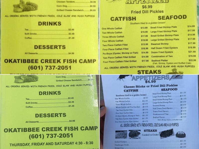 Okatibbee Creek Fish Camp Menu