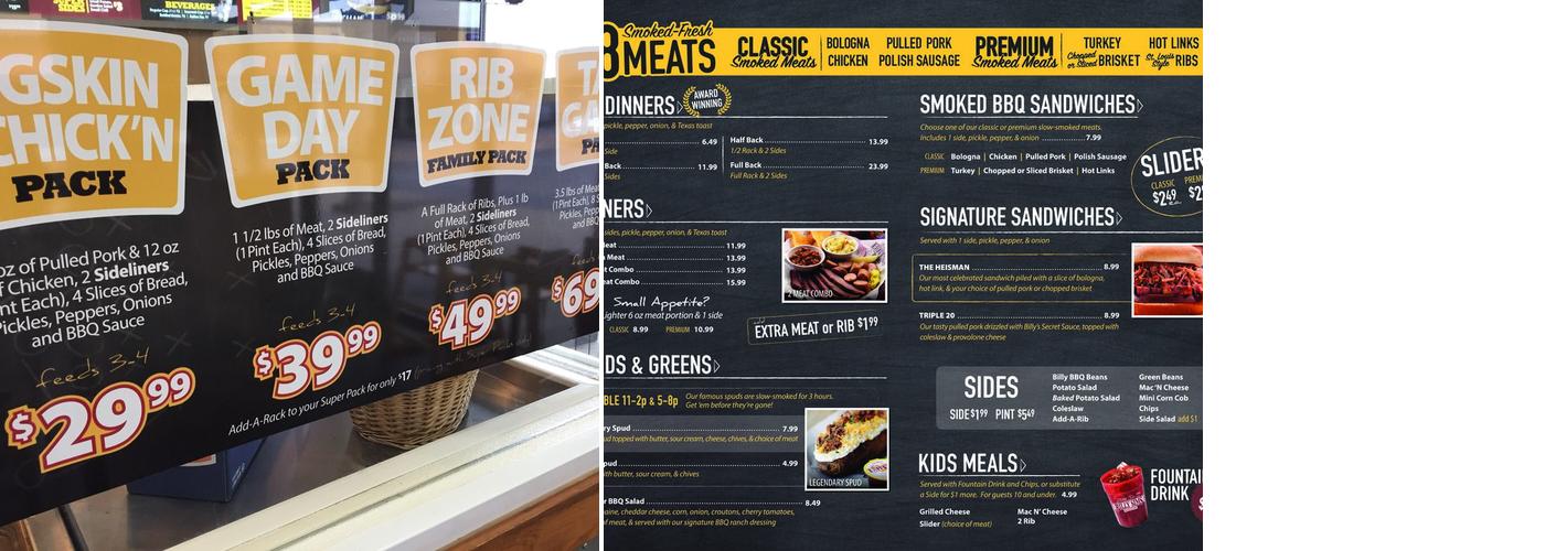 Billy Sims BBQ Menu