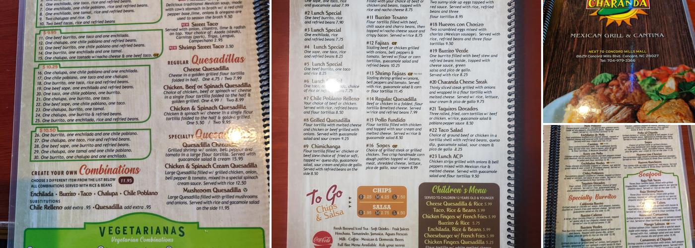 Charanda Mexican Grill and Cantina Menu