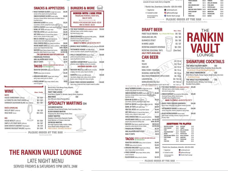 Rankin Vault Cocktail Lounge Menu
