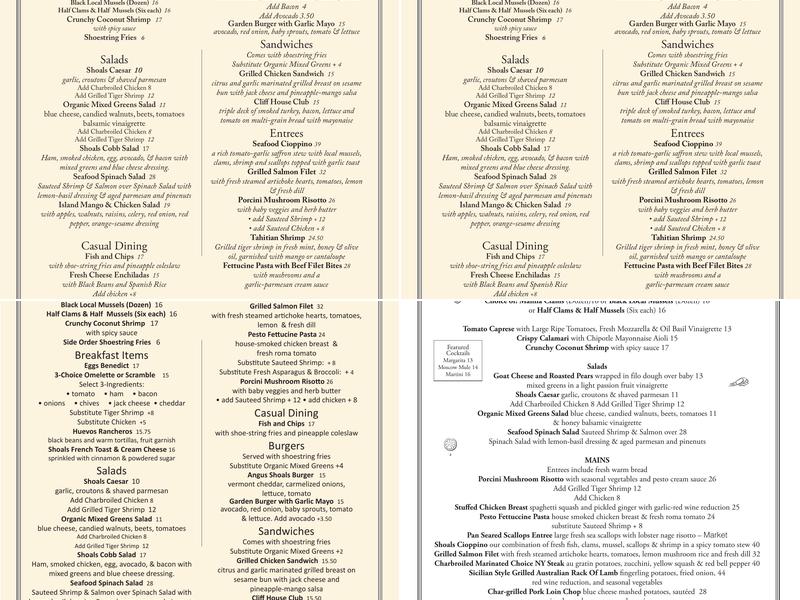 Cliff House Inn and Shoals Restaurant Menu