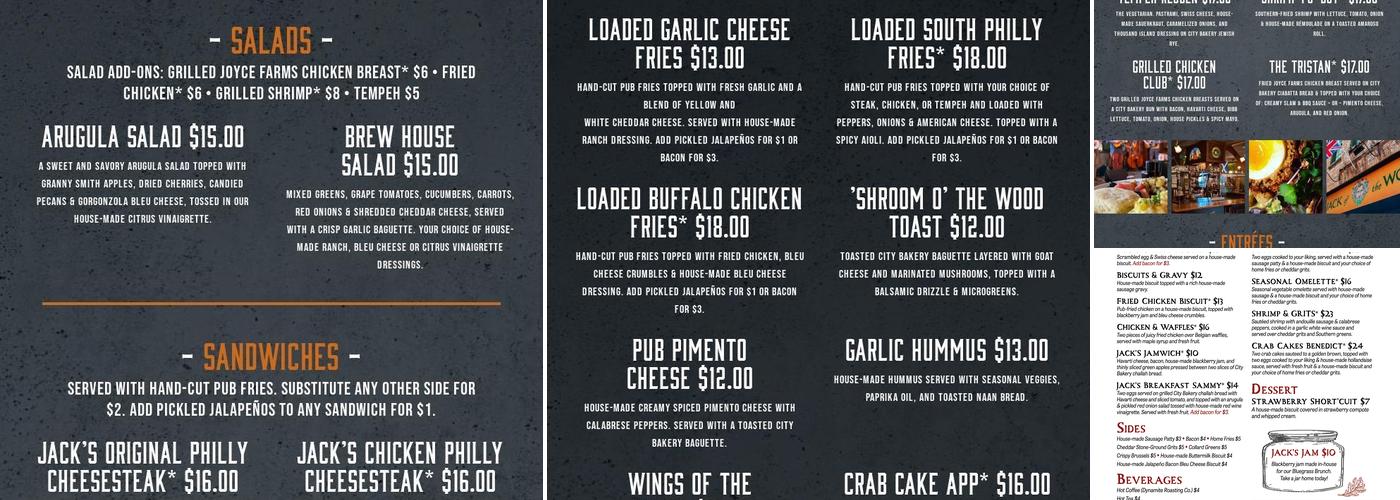 Jack of the Wood Pub Menu