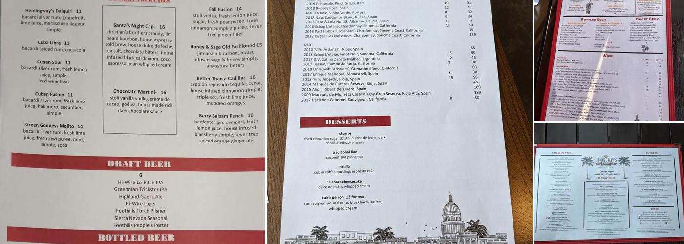 Hemingway's Cuba Menu