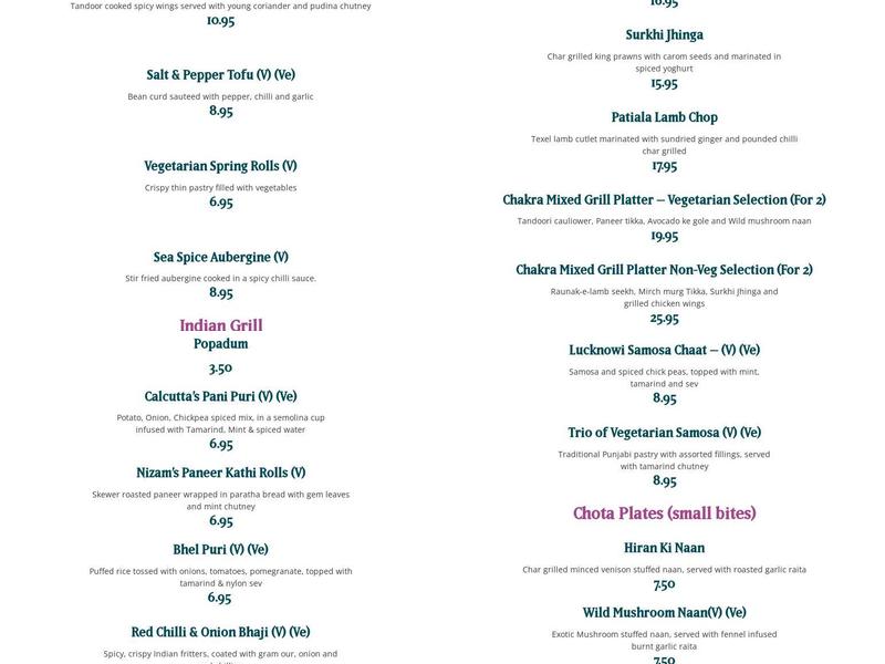 Chakra Kensington Menu