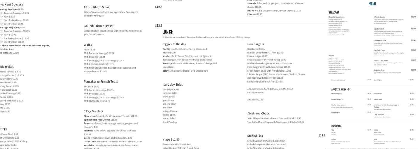 Five Points Restaurant Menu