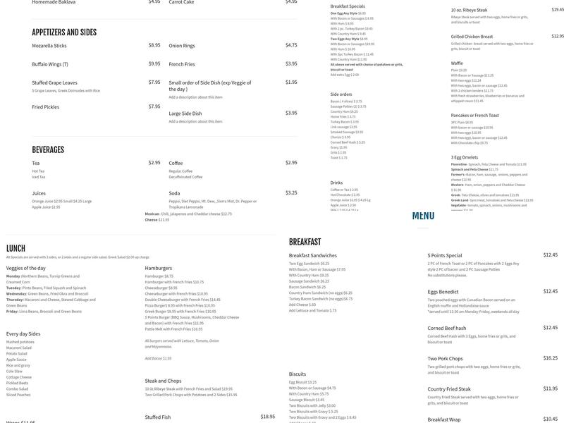 Five Points Restaurant Menu