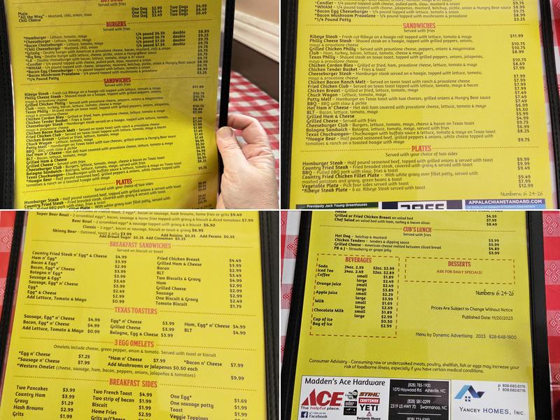 The Hungry Bear Cafe Menu