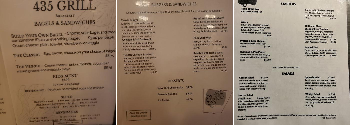 435 Grill Menu