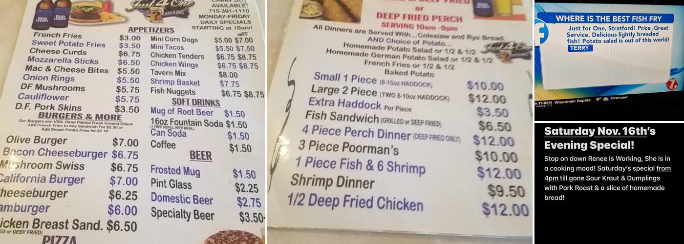 Just For 1 Menu