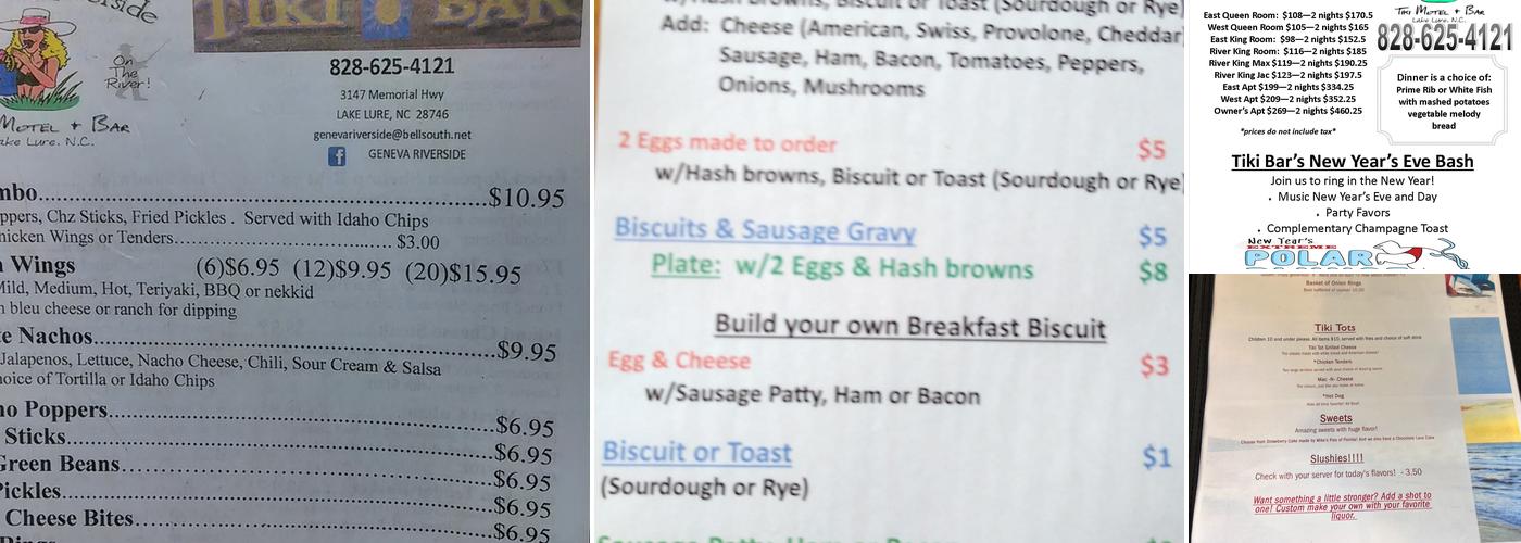 Geneva Riverside Lodging and Tiki Bar & Grill Menu