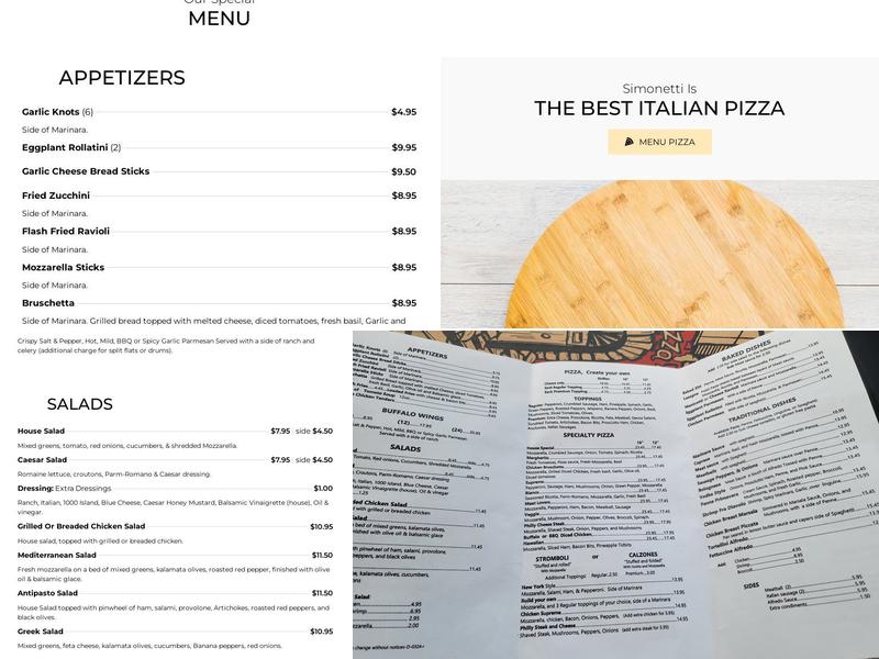 Simonetti's Italian Menu