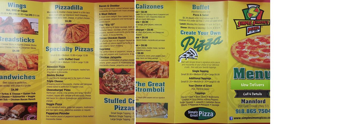 Simple Simon's Pizza Menu