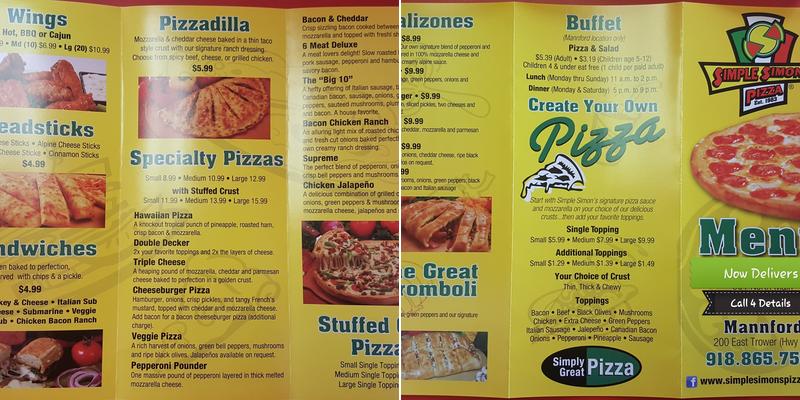 Simple Simon's Pizza Menu