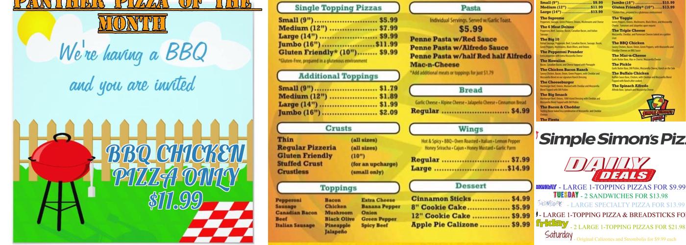 Simple Simon's Pizza Menu