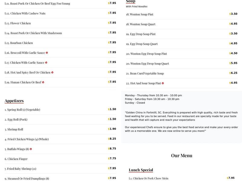 Golden China Menu