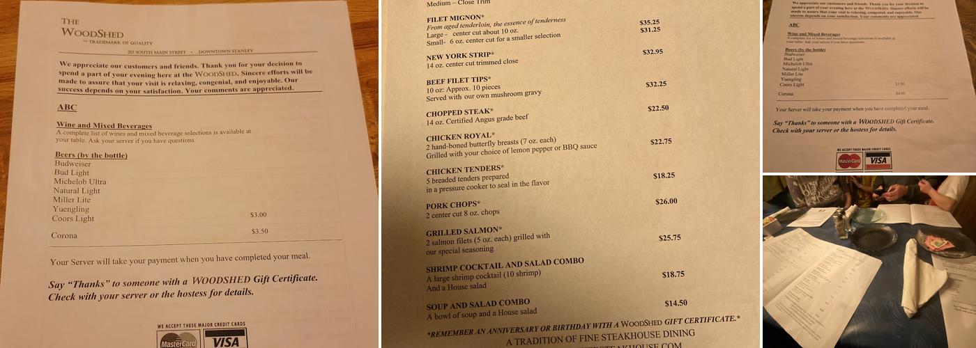 The WoodShed Steakhouse Menu