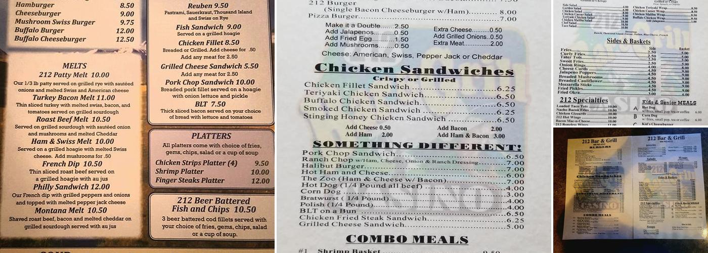 212 Bar & Grill Menu