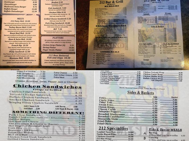 212 Bar & Grill Menu