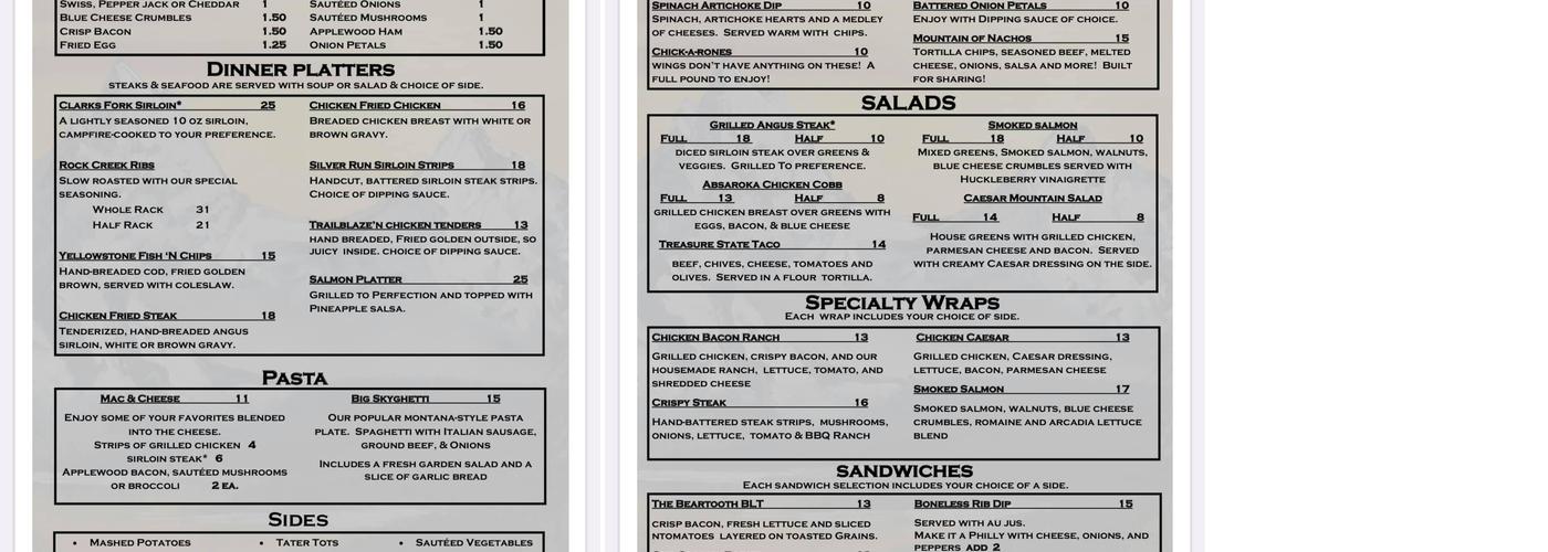 The Beartooth Grill Menu
