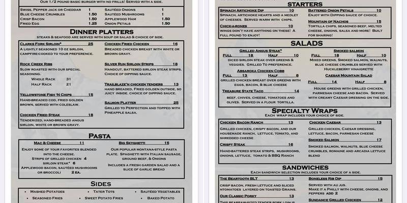 The Beartooth Grill Menu