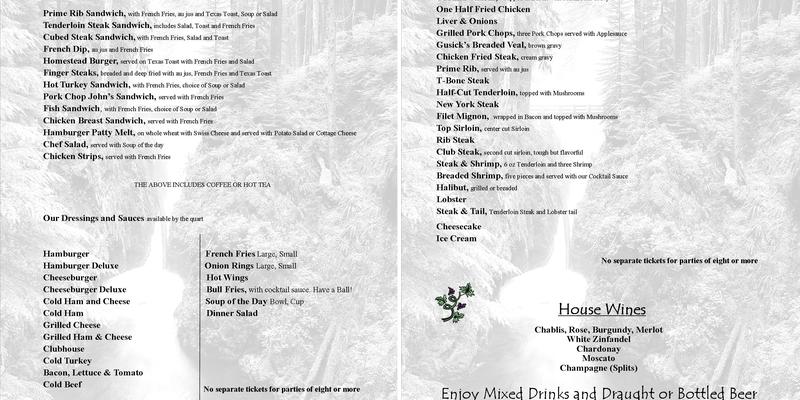 Gusick's Restaurant Menu